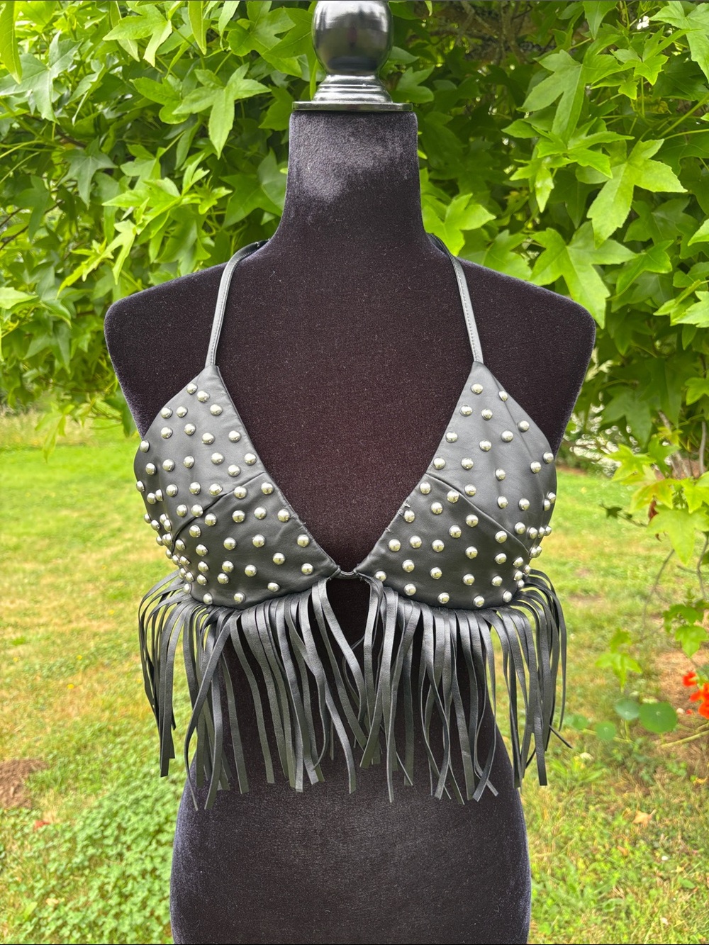 SHEIN Black Studded Fringe Triangle Top